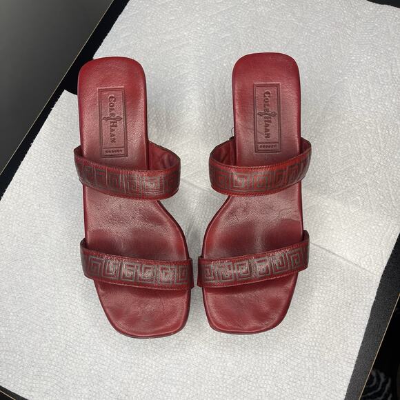 Vintage Cole Haan Sandals Size 7.5 Red Wood Platform Unique Slip On Leather Y2K - Picture 2 of 13